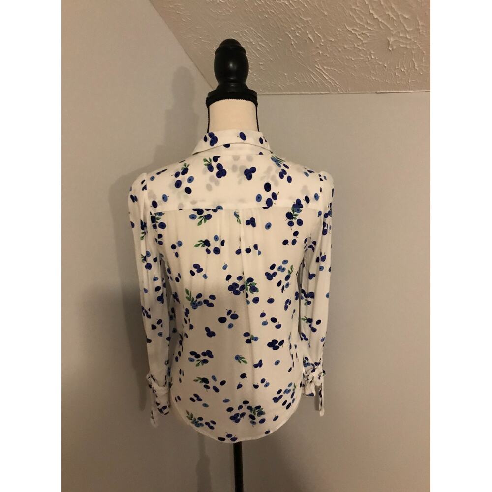 Anthropologie Maeve Blithe Blueberry Tie Sleeve Button Front Blouse White Blue 0 - Picture 4 of 12